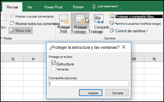 Cuadro de diálogo de Excel para proteger la estructura y las ventanas de un libro