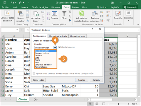 Cuadro de diálogo Validación de datos con la lista Permitir desplegada