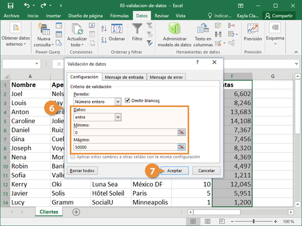Configuración de una regla de validación de datos en Microsoft Excel