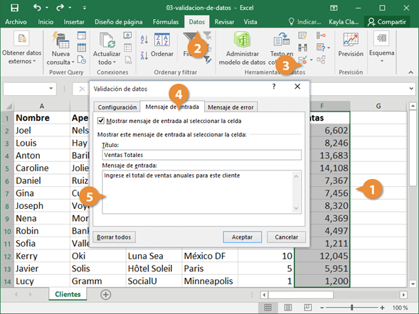 Pestaña Mensaje de entrada del cuadro Validación de datos en Microsoft Excel