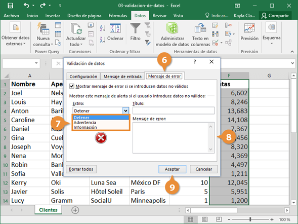 Pestaña Mensaje de error del cuadro Validación de datos con opciones de estilo de alerta