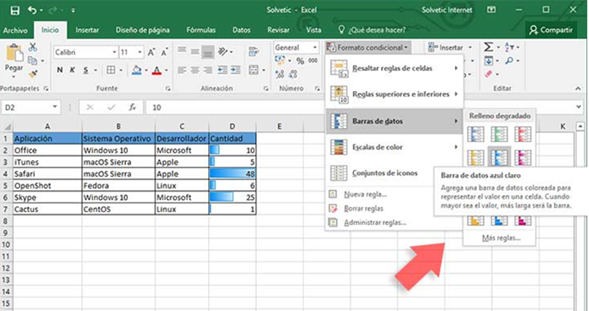 Opciones de Escalas de color disponibles en Formato Condicional