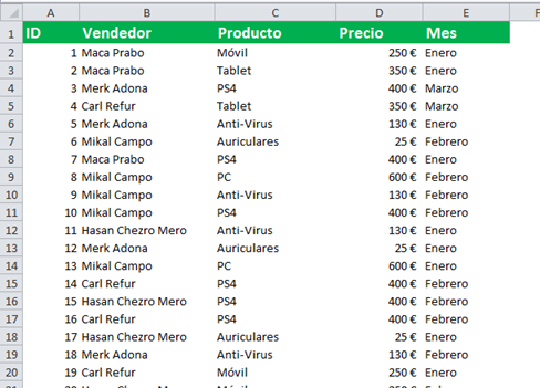 Base de datos de ventas de Excel organizada por ID, vendedor, producto, precio y mes