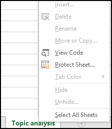Menú contextual de una hoja de Excel con opciones estructurales deshabilitadas