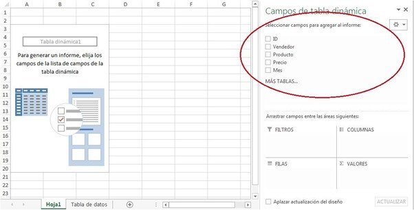 Panel Campos de tabla dinámica de Excel con la lista de encabezados disponibles