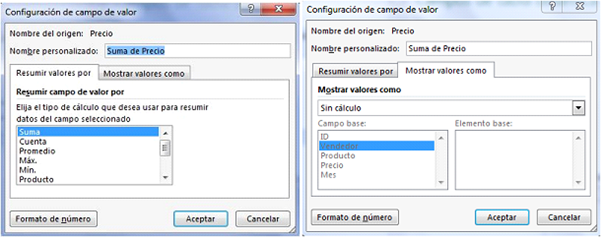 Ventana Configuración de campo de valor con opciones para resumir y mostrar valores