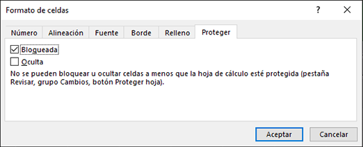 Pestaña Proteger del cuadro Formato de celdas con la propiedad Bloqueada activada