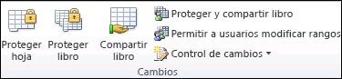 Grupo Cambios de la pestaña Revisar de Excel con las opciones Proteger hoja y Proteger libro