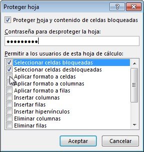 Cuadro de diálogo Proteger hoja con contraseña y permisos para los usuarios